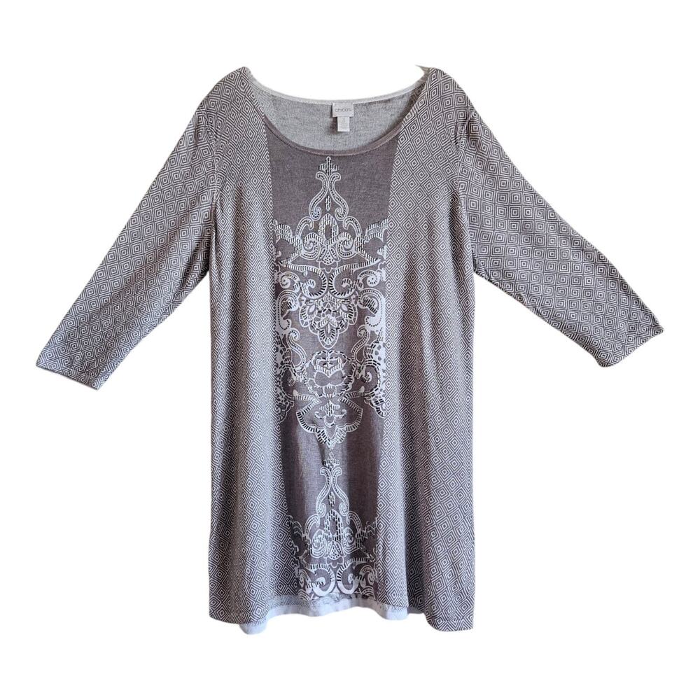 CHICO'S 3 Women's 16 XL Tunic Sweater Embellished Tan White 3/4 Sleeve 44"